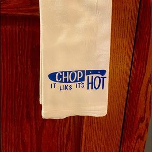 Chop It Like It’s Hot Tea Towel Blue Lettering